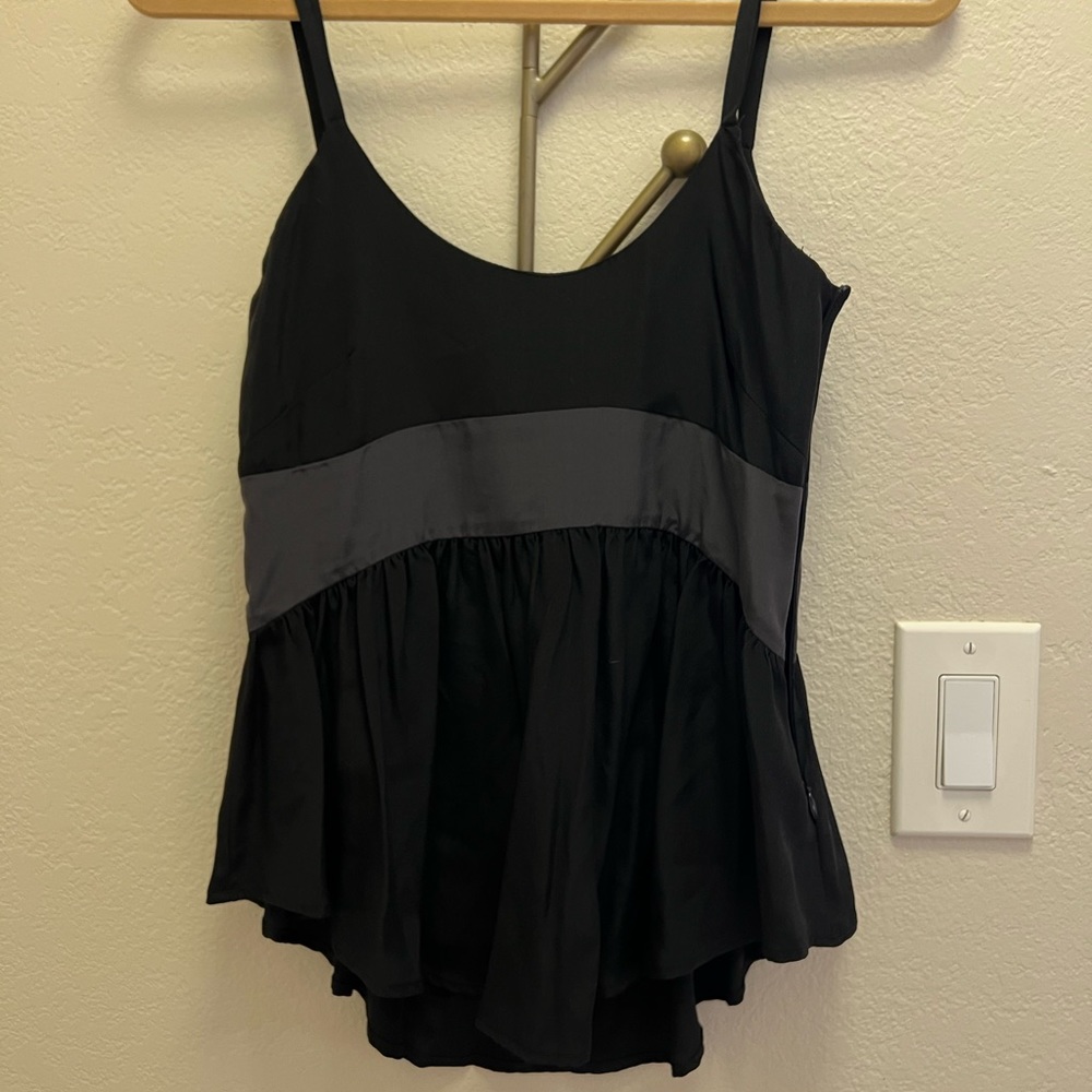 Geren Ford black silk, empire, camisole, contrast, banding, charcoal gray, small